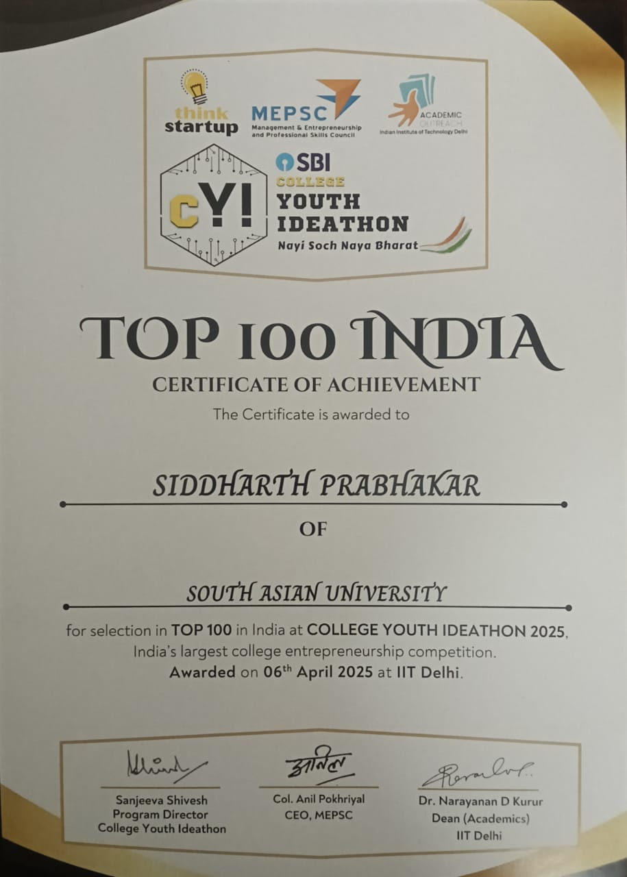 IIT Delhi Youth Ideathon Certificate