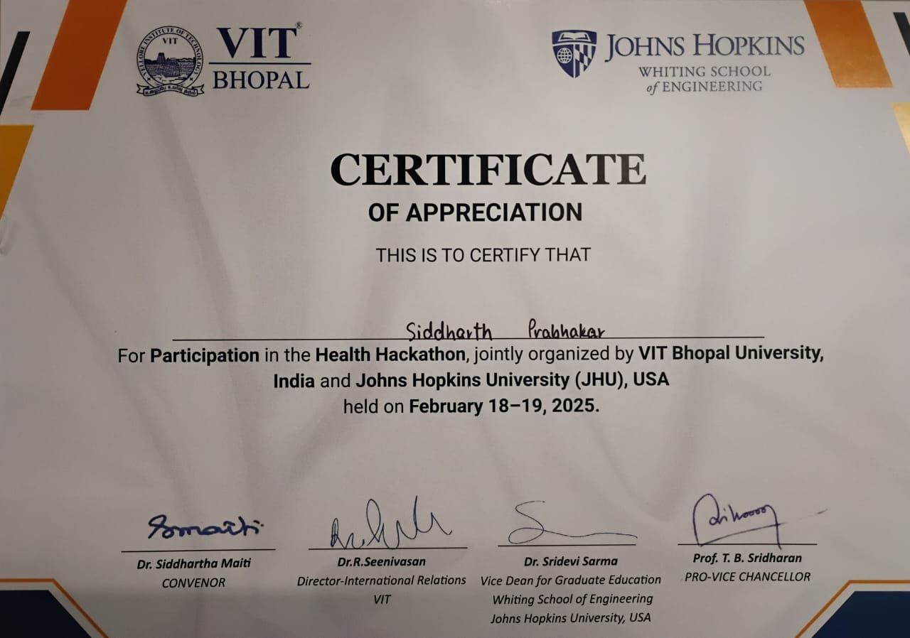 VIT Bhopal Hackathon Certificate